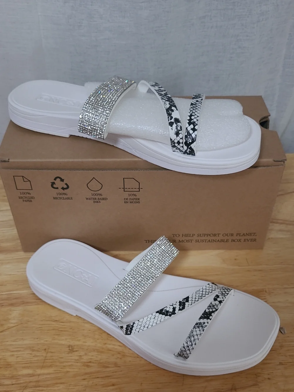 Sparkling White Slide Sandals with Silver Rhinestone Strap
